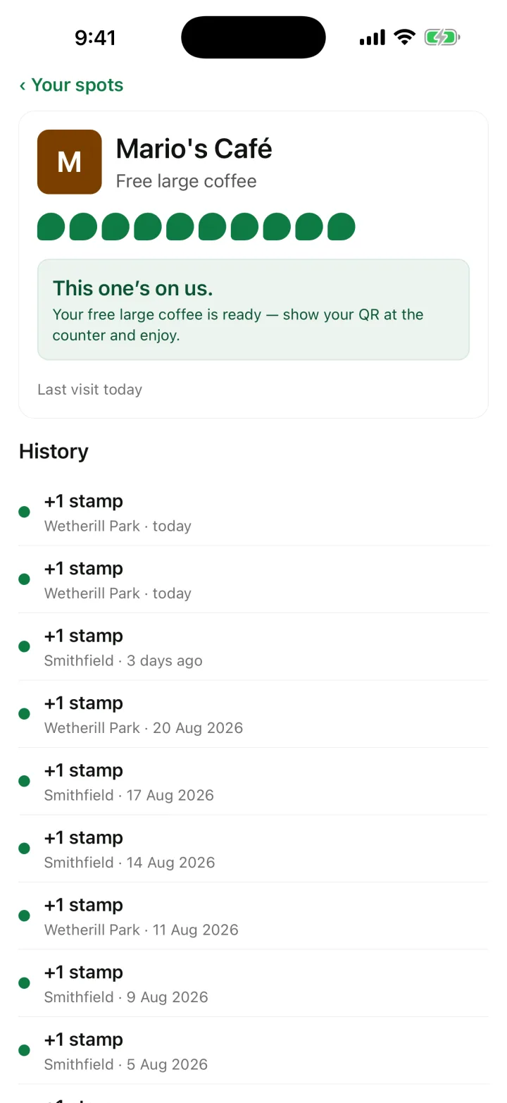 Rewardtree customer app, Mario's Café loyalty card with ten of ten stamps, a message that the free large coffee is ready, and a list of past stamp visits.