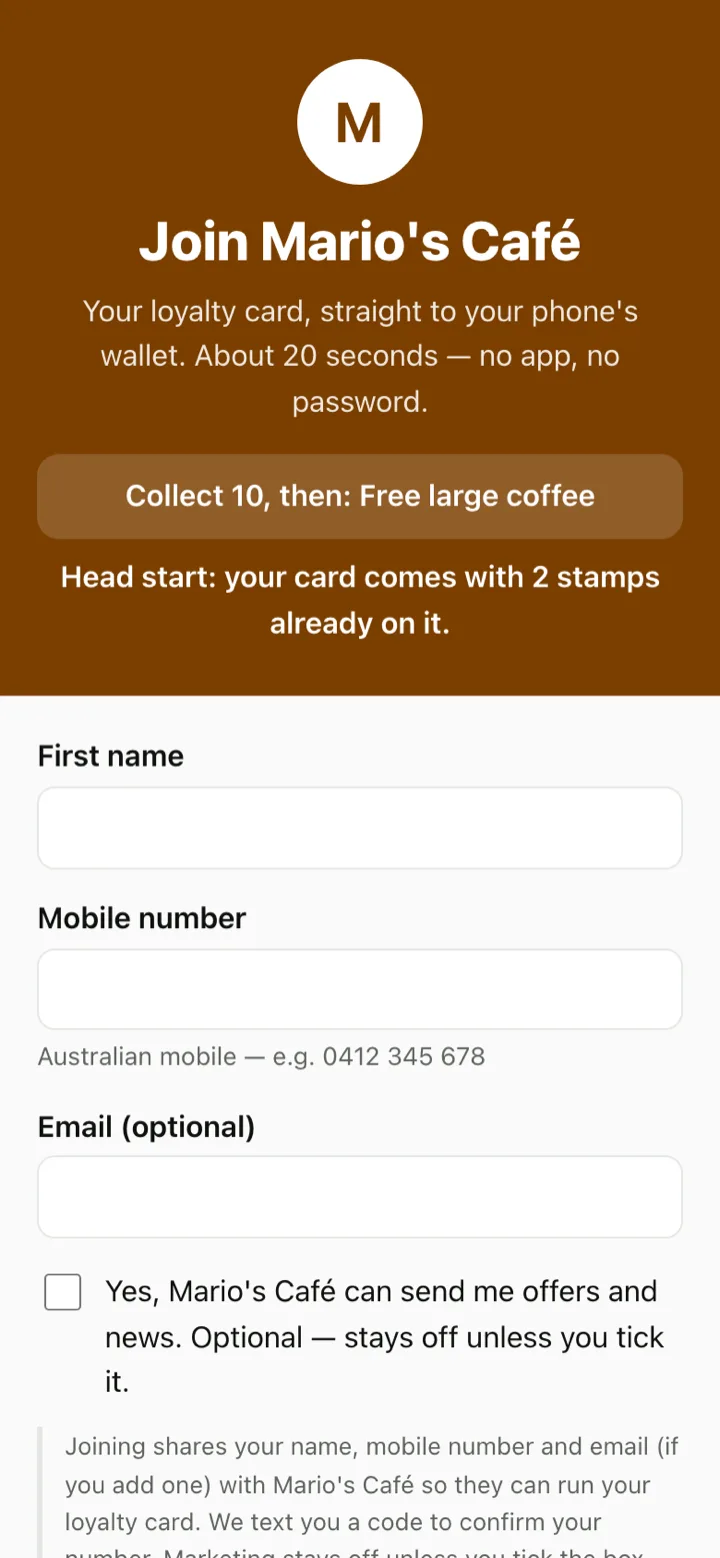 Mario's Café join page on a phone, with the café's name and reward at the top and a short form asking for first name, mobile number and optional email.